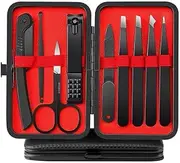 Professional Manicure Kit with Nail Clippers and Tweezers, 10-Piece Stainless Steel Set, Black and Red Case (Eyebrow Set-9Pcs)