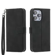 For iPhone 14 Pro Max Case, Leather Wallet Flip Case With Strap - Black