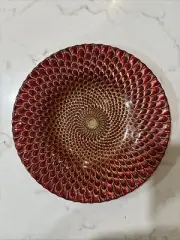 Red & Gold Peacock Feather Pattern Dish With Silver Back 8 3/4” Round