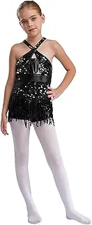 [FEESHOW] Kids Girls Latin Jazz Dance Costume Sequins Tassels Fringe Samba Rumba Leotard Ballroom Dancewear
