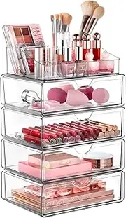 5 Tier Clear Makeup Organizer with Drawer, Beauty Holder for Lipstick Brush Skincare，Cosmetic Storage for Dresser Countertop and Bathroom Vanity (5 Tier)