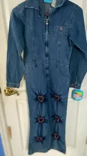 Girls Embellished denim jumpsuit size 14/16 Zipper, Pockets, flare bottom,hearts