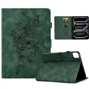 A4 Compatible For iPad Pro 11 (2024) Case Flower Butterfly Imprinted Card Slots Leather Cover Green