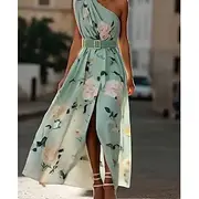 Women's Maxi Dress A Line Dress Vacation Casual Boho Outdoor Going out Beach Loose Fit Floral Graphic Sleeveless One Shoulder Green Summer Spring