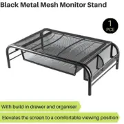 Black Mesh Metal Computer PC Laptop Desktop Monitor Stand Riser Organiser Drawer