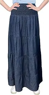 [BABY O] Baby'O Women's' Long Ankle Length Smocked Waist Summer Weight Denim Tiered Western Prairie Skirt