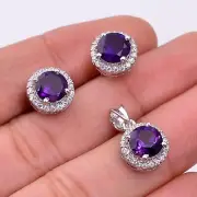 Natural Amethyst Faceted Round Stone 925 Sterling Silver Pendant & Earrings Set