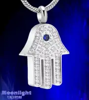 New Hamsa Hand Crystal Cremation Urn Keepsake Ash Silver Memorial Necklace