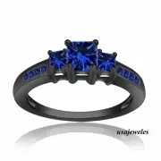 3-Stone Jewelry Ring 1.74CT Princess Cut Real blue Sapphire 14K Black Gold Over