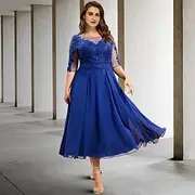 A-Line Plus Size Curve Mother of the Bride Dresses Elegant Dress Formal Wedding Guest Tea Length Half Sleeve Jewel Neck Chiffon with Pleats Sequin Appliques 20