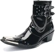 [Generic] Men Ankle Boots Buckle Strap Studs Chain Decoration Black Genuine Leather Metal Toe High Heel Shoes for Men