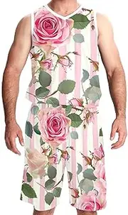 [KQNZT] Basketball Jersey with Shorts, Jerseys for Men, Hip hop Clothing for Party, Pink Striped Rose Flower Floral Modern