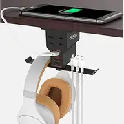 Under Desk Headphone Stand, Sticky Headphones Hanger Hook, Adjustable Headset Stand, PC Gaming Headphone Holder with USB C, 2 USB A Port, 2 2-Prong Outlets and 6 Cable Clip Organizer Bracket - Black
