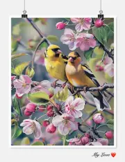 Goldfinches on Crabapple Blooms - Chart Counted Cross Stitch Patterns Needlework