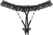 [WODAMOYUAN] Sexy Lingerie Women Rhinestone Thongs with Butterfly Pattern Crotch Opening Transparent Lace Panties Underwear for Women