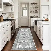 3x7 Runner Rugs for Hallway Non-Slip Hallway Runner Rug with Rubber Backing Washable Rug Runner for Kitchen Bedroom Vintage Distressed Carpet (Border Grey)