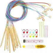 Aeeque Tunisian Crochet Hook with Rope, 12 Pieces Bamboo Tunisian Crochet Hook Set for Beginners, 3.0-10 mm Afghan Tunisian Crochet Hooks, Plastic Cable for Scarves, Carpet, Crochet Hook for Tunisian Crochet