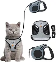 Cat Harness and Lead Set, Escape Proof Kitten Harness with Leash, 16.4 Ft / 5 M Automatic Retractable Soft Dog Lead, Reflective Adjustable Dog Harness with Cat Leash for Small Puppy Walking