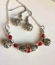 Antique Silver Handmade Jewelry Set Red Crystals On Chain With Magnetic Closure
