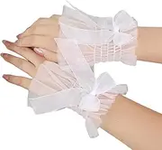 [Generic] Lace Wrist Cuff Gloves White Ruffled Wrist Cuffs Bow Hand Sleeve Sexy Lace Elastic Bracelet for Halloween Wedding Masquerade Party Cosplay Costume, White