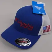 Columbia PFG Hat L/XL Flexfit High Crown Mesh Ball Cap Blue USA Flag Logo New