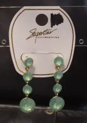 Superstar Gold Tone Stud Earrings with Four Dangling Green Beads NEW