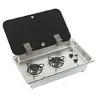 ´2 Burners Gas Stove Cooktop Stainless Steel With Glass Lid 1.6m Pipe 1.8Kw