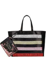 Victoria's Secret Large Black Sequin Striped Logo Canvas Travel Tote Bag