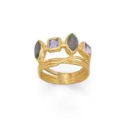 14 Karat Gold Over Sterling Ring w Labradorite & Purple Glass - Sizes 6 to 9