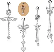 [ZMJK] 5PCS Crystal Belly Button Ring for Women Dangle Navel Belly Piercing Jewelry Cute Bow Butterfly Heart Angel wings Navel Belly Rings 14G Silver Surgical Steel Belly Button Stud