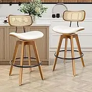 ALFORDSON 2Pcs Bar Stools with Footrest, Samantha White Vintage Kitchen Dining Chair with 36cm Rattan Backrest and 71cm Leather Seat, Counter Barstools for Home Bar Dining Room