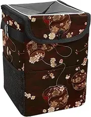 Car Trash Can with Lid and Storage Pockets Leak-Proof Organizer,Waterproof Garbage Can,Brown Flowers and Animals