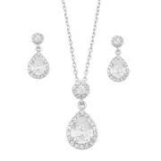 Pear Halo and Round Halo Stud Earring and Necklace Set with Cubic Zirconia in Sterling Silver