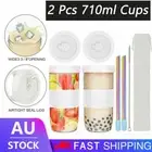 2Pack 710ML Reusable Mason Jar Cups Drinking Glasses Wide Mouth Bubble Tea Mugs