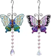 2pcs Butterfly Sun Catcher Crystal Pendant,Stained Glass Window Hanging Ornament,Pendant Butterfly Chandelier Prismem for Home Office Garden Decoration,Crystal Prism Ornament（Green + Purple）