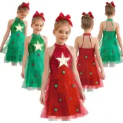 Girls Sequins Halter Christmas Dress Shiny Star Layered Tulle Xmas Tree Dresses