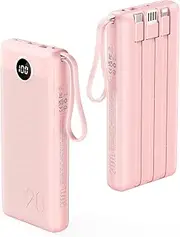 20000mAh Power Bank 22.5W Fast Charging, VRURC Portable Charger with Built in Cables, PD & QC 3.0 USB C Battery Pack with 4 Output 2 Input LED Display for iPhone 16 15 14 Samsung Android Phones,Pink