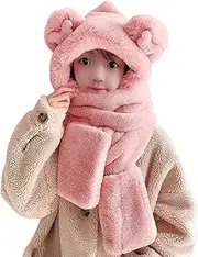 [XINCHIA] 3 in 1 Kids Faux Fur Hooded Scarf and Gloves Set Boys Girls Winter Warm Plush Hoodie Hat Full Hood Cap Thermal Trapper Earflaps Hat Thermal Beanie Hat Neck Warmer Long Scarfs Pocket Mittens Age 2-7