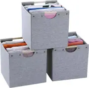 3 Pack 12" Foldable Linen Storage Cube Bins w/Wood Handles Nursery Office Grey