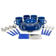Dishes A Set for Camping- 24 Piece Enameled Dinnerware & Utensils Set for 4 Blue