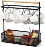Coffee Mug Holder with Storage Basket Cup Rack with Handle8 Cups Black
