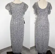 Adrianna Papell Sequin Beaded Puff Sleeve Side Slit Gown Silver Grey sz 14W $329