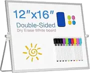 Magnetic White Board, Desktop Dry Erase Whiteboard, Double Sided White Boards with Stand, Includes 10 Pens and 1 Eraser and 4 Magnets for School Office and Home Kids Drawing to Do List (12" x 16")