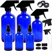 Youngever 6 Pack Empty Cobalt Blue Glass Spray Bottles, 2 Pack 480ml, 1 Pack 240ml, 3 Pack 120ml Spray Bottles for Essential Oils, Cleaning Products, Durable Black Trigger Sprayer Fine Mist and Stream