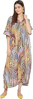 [Oussum] Gypsie Blu Paisley Print Kaftan for Women Polyester Caftan Dress Kimono Sleeve Plus Size Beach Maxi Dresses