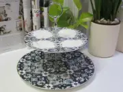 NEW - European Embossed Two Tier Ceramic Plate Stand - White & Dark Blue
