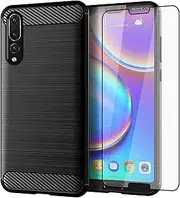 [Asuwish] Phone Case for Huawei P20 Pro with Tempered Glass Screen Protector Cover and Slim Thin Soft TPU Mobile Film Cell Accessories Protective Hawaii P 20Pro 20 P20pro Women Men Carbon Fiber Black