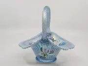 Fenton Blue Opalescent Iridescent Painted Glass Basket Ribbed P. HAYHURST