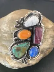 Buffalo Turquoise, Spiny & Lapis Navajo Sterling Silver Ring Size 10.5 11568