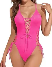[Tempt Me] Women Sexy Lace Up One Piece Swimsuit Deep Plunge V Neck Bathing Suits